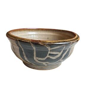 Studio pottery bowl gray blue brown stoneware signed primitive unique decorative
